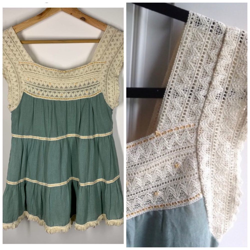 Boho Crochet-Trim Square Neck Tank Top - Cream & Sage Green